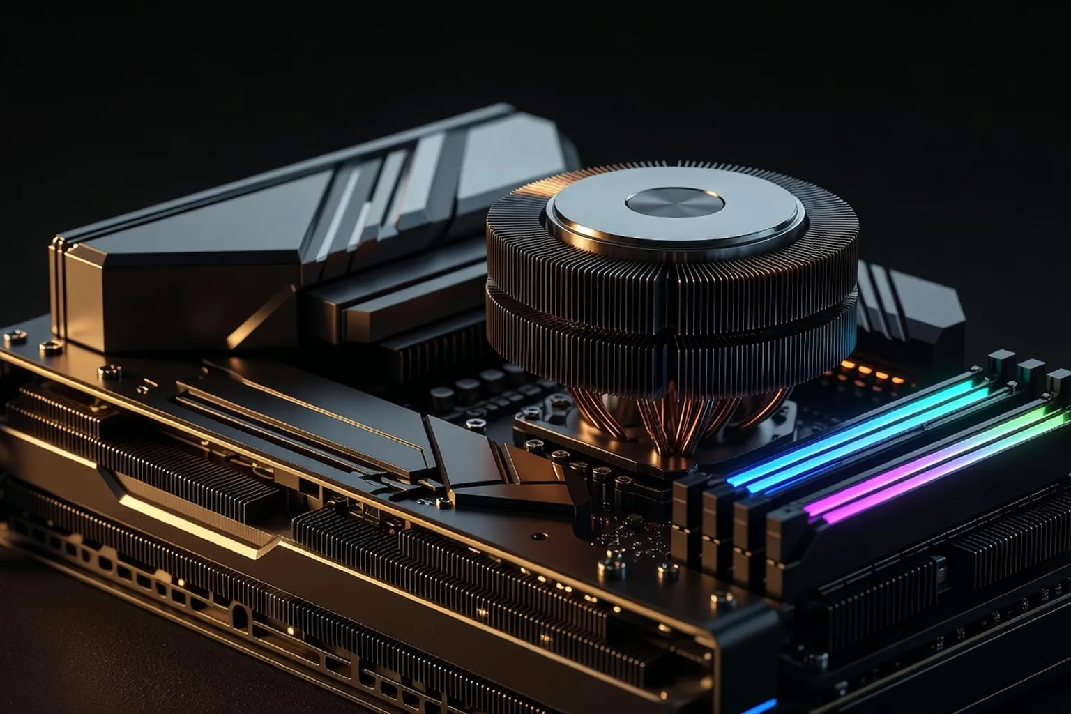 Modern gaming PC components — GPU, CPU and DDR5 RAM with cinematic lighting